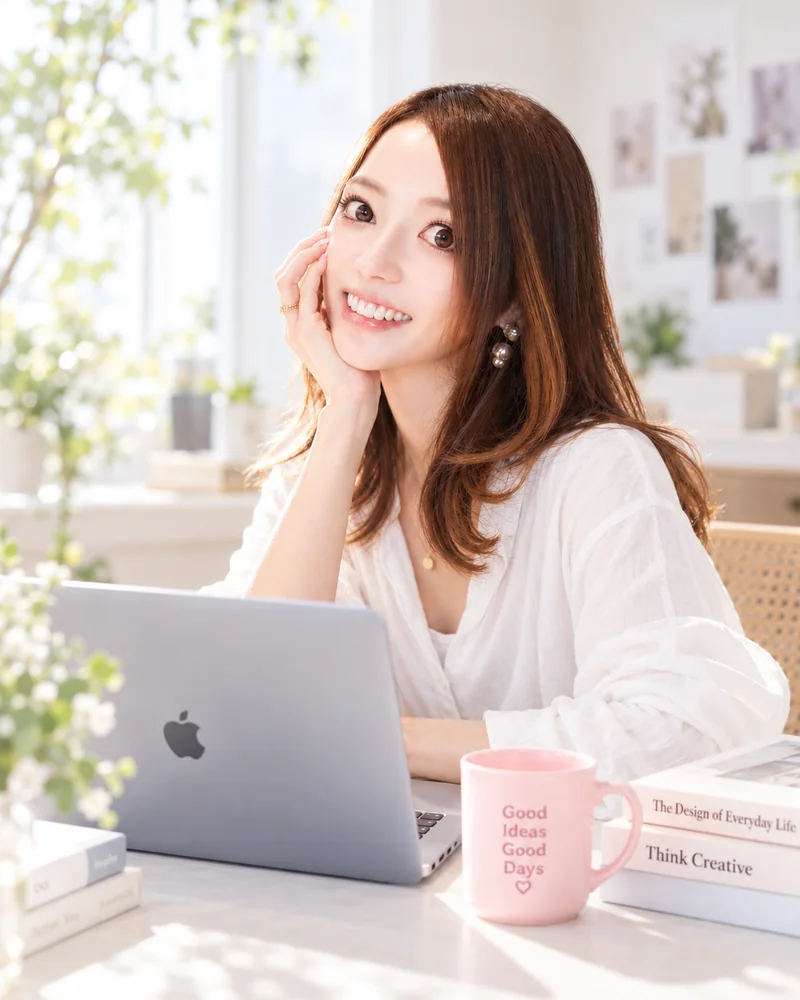 ノートPCとピンクのマグ、本が並ぶ明るい部屋で、頬杖をついて微笑むMaiko