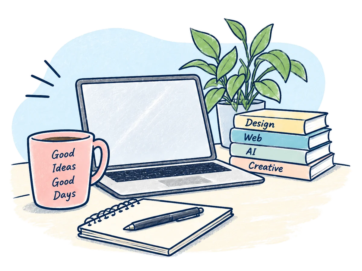 ノートPC、「Good Ideas Good Days」のマグ、観葉植物、Design・Web・AI・Creativeの本が並ぶ机のイラスト