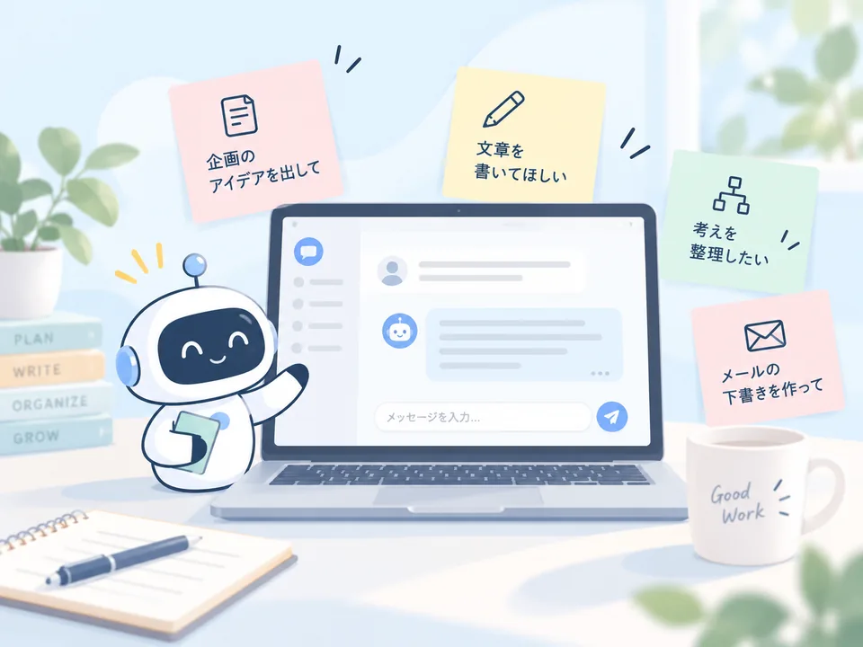 AIのチャット画面と、企画・文章・整理・メールの相談を書いた付箋のイラスト