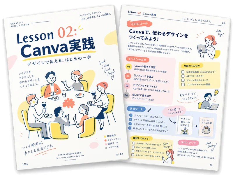 Lesson 02: Canva実践の教材テキスト（見開き）