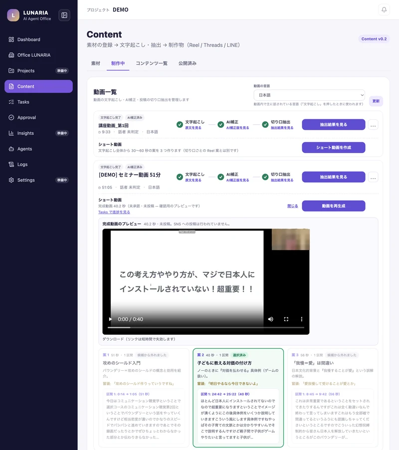 LUNARIA の Content 画面。動画の文字起こし・AI補正・切り口抽出の進み具合と、ショート動画のプレビュー・候補案